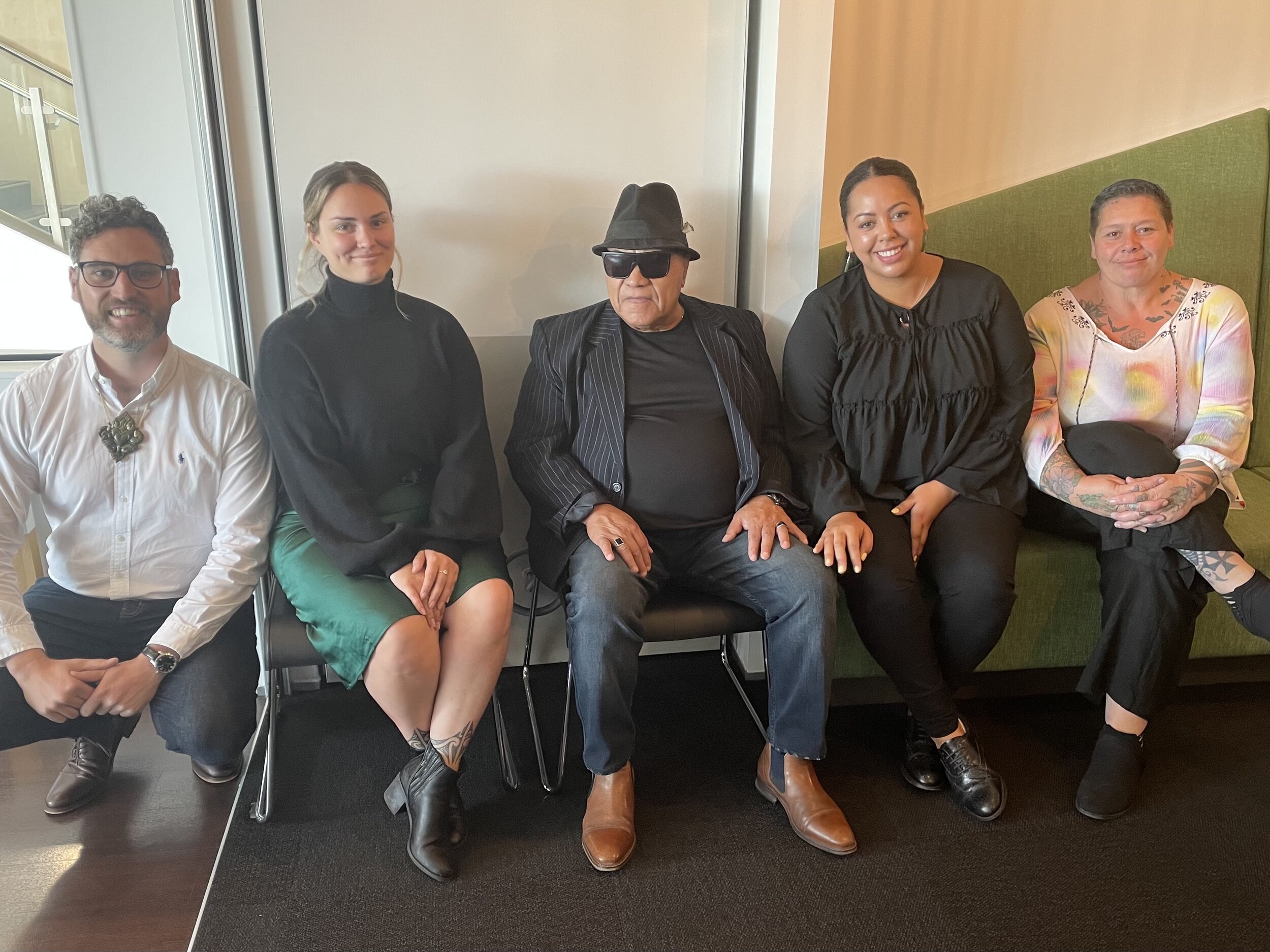First day for our new board member, Renata Davis; and new kaimahi; Toihi Mahuika-Wright (Te Kiwai); Mihi-Rose Tipene (commissioning) and Tasha Scott (Puna fund) ; with our kaumatua Matua Mita te Hae